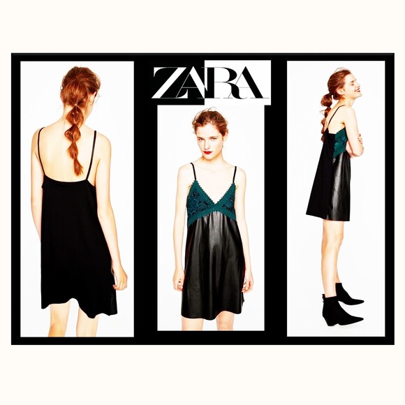 ZARA NEW Goth Embroidered-Lace Sweetheart Faux Leather Spaghetti Strap Dress M - Picture 3 of 11